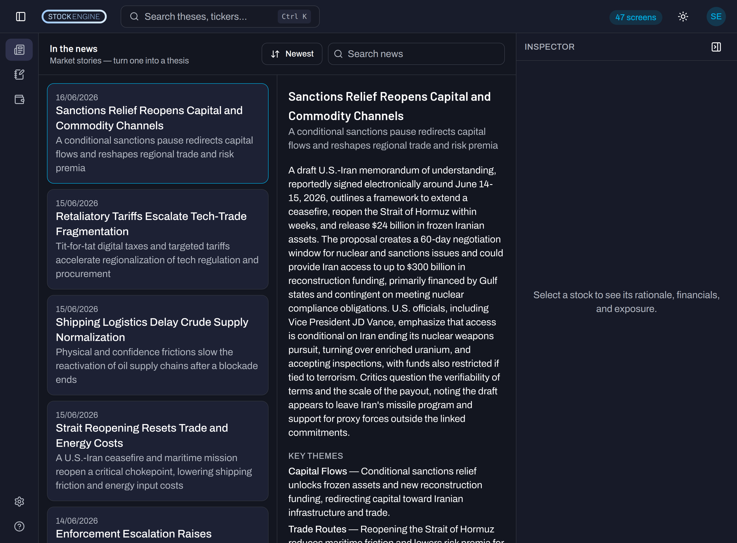Stock Engine news feed of market stories that can each become a thesis