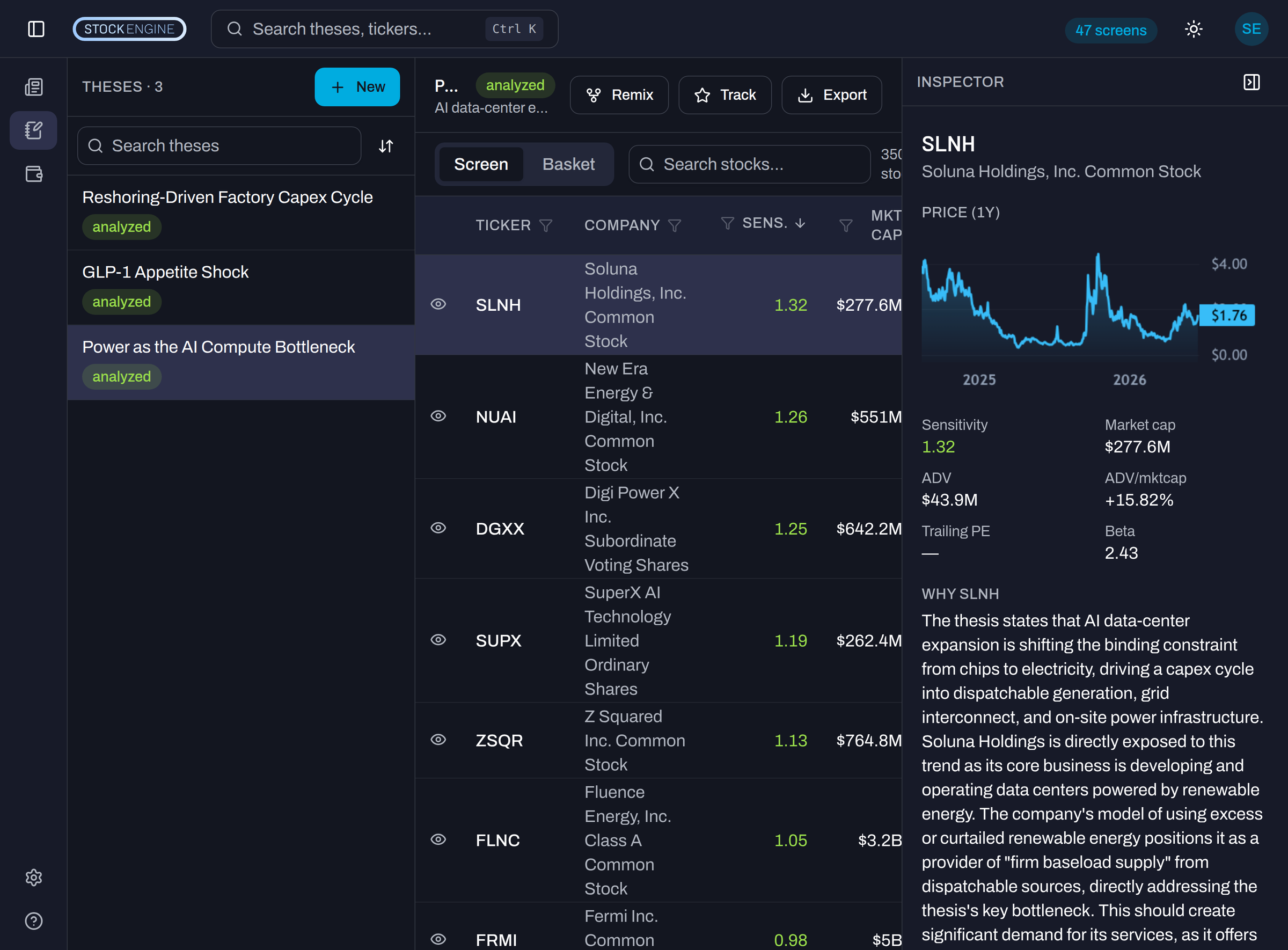 Stock Engine terminal ranking the market by sensitivity to a thesis, with a rationale panel
